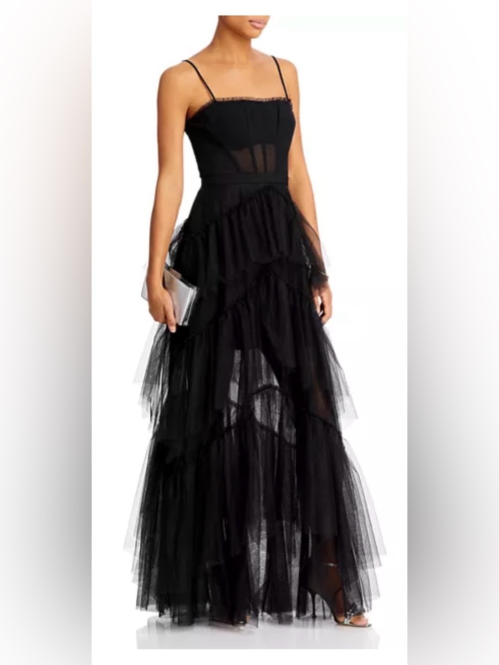 BCBGMaxAzria Black Oly tiered tulle gown